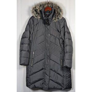 London Fog Womens XXL 2XL Gray Quilted Puffer Coat Down Hooded Faux Fur Jacket